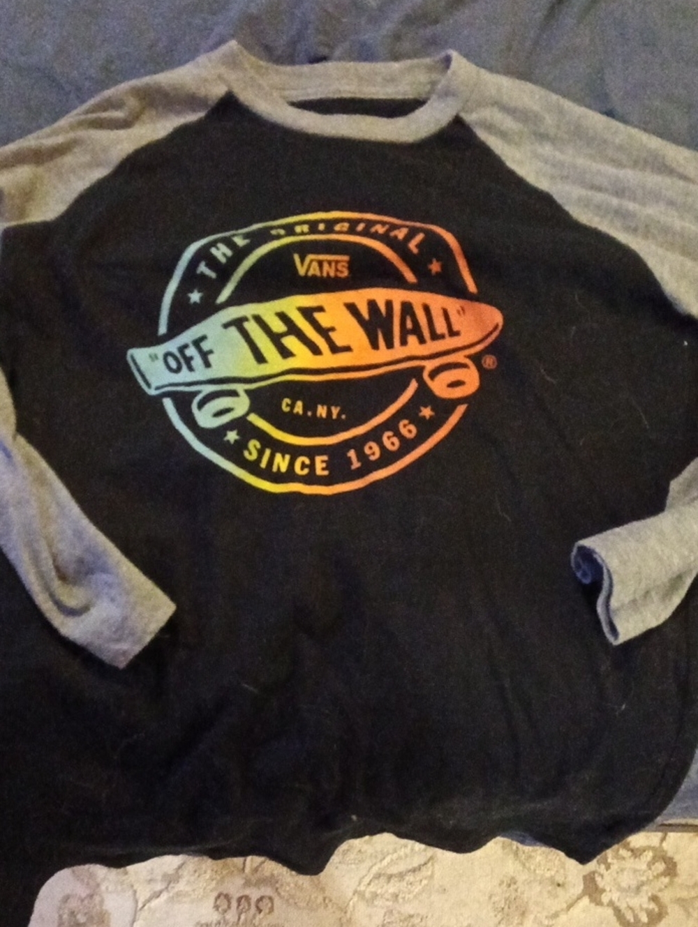 Vans Black and Gray Long-Sleeve Raglan Tee with Rainbow 'Off The Wall' Logo